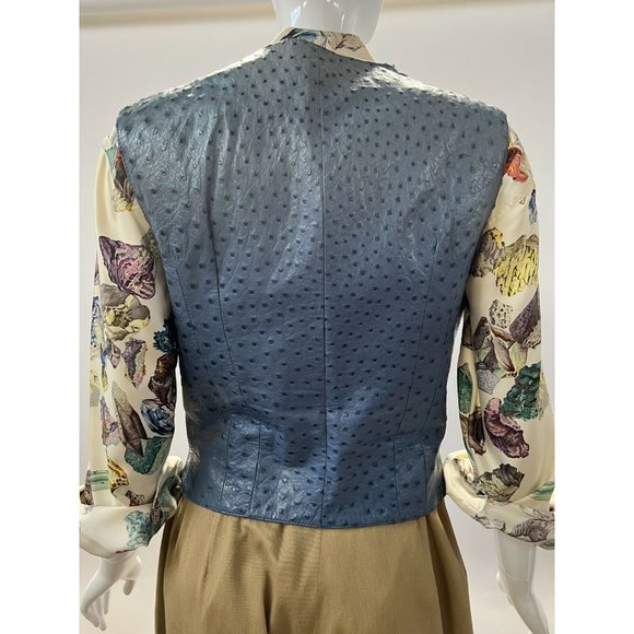 Hermes Womens Vest Blue Buttons Pockets Ostrich Leather Vintage 8 EUR 38 - Picture 2 of 12